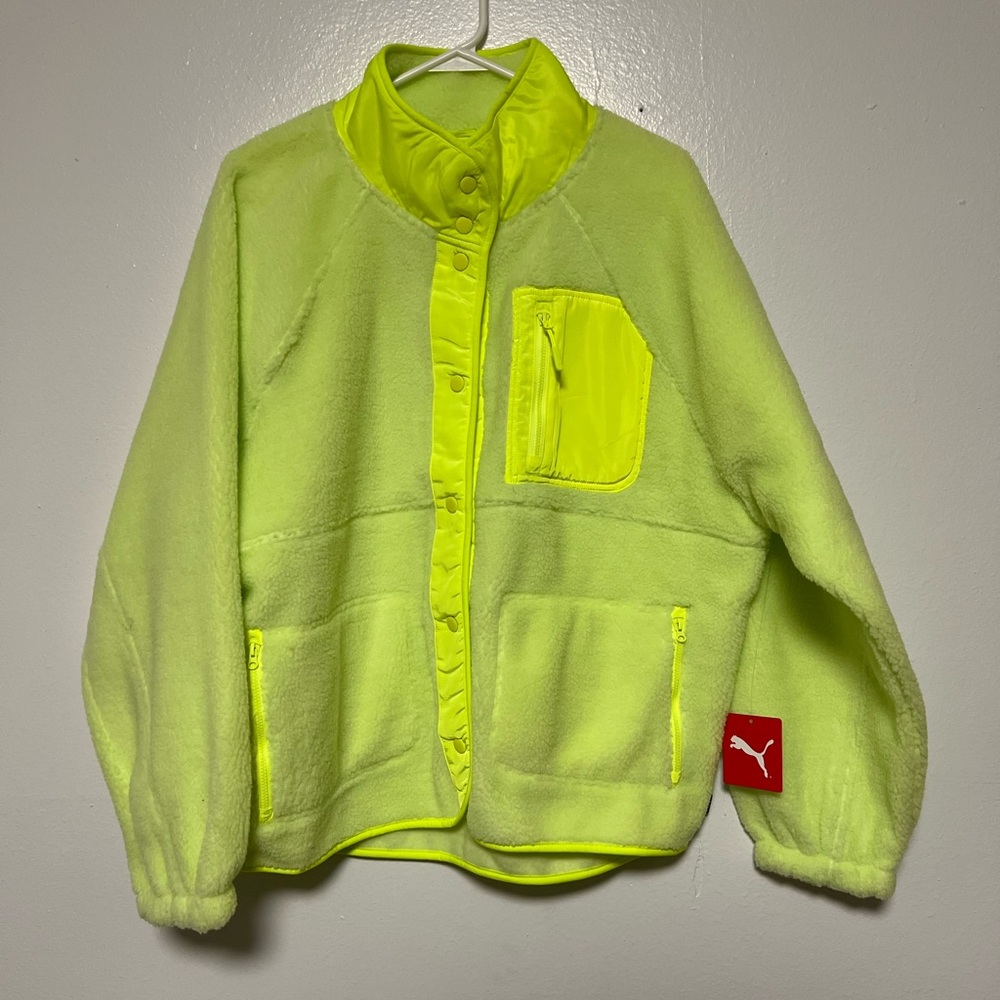 Puma Sherpa Fleece Jacket W/ Pocket Women Size Large Green NEW
